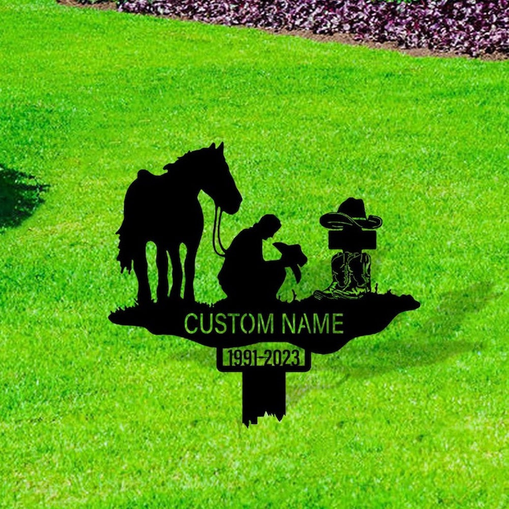 Farm Metal Sign, Western Cowboy Praying Cross Grave Marker Metal Garden Stakes Cowboy Memorial