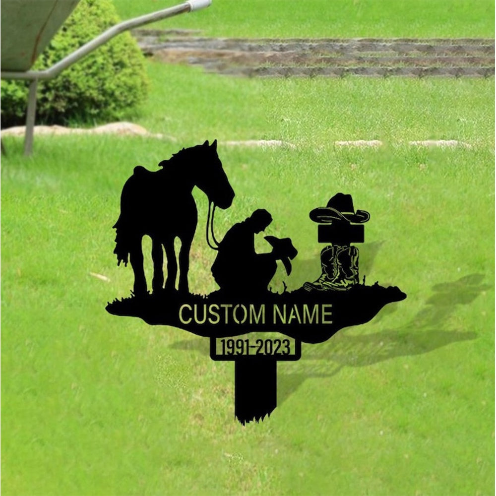Farm Metal Sign, Western Cowboy Praying Cross Grave Marker Metal Garden Stakes Cowboy Memorial