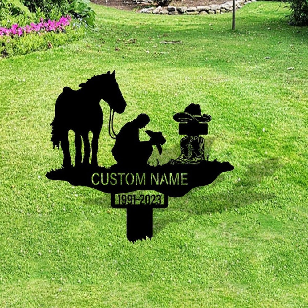 Farm Metal Sign, Western Cowboy Praying Cross Grave Marker Metal Garden Stakes Cowboy Memorial