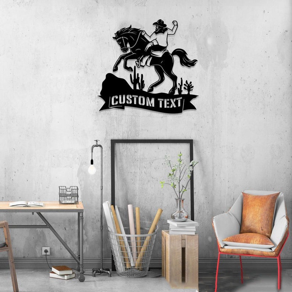 Farm Metal Sign, Western Cowboy Riding Horse Saguaro Custom Metal Signs