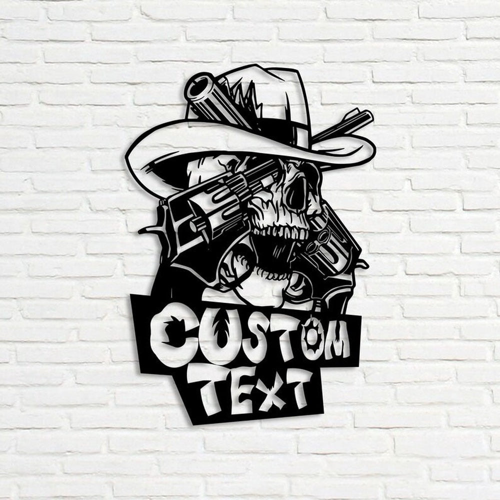 Farm Metal Sign, Western Cowboy Skull Hold Gun Custom Metal Signs