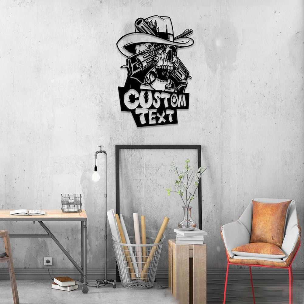 Farm Metal Sign, Western Cowboy Skull Hold Gun Custom Metal Signs