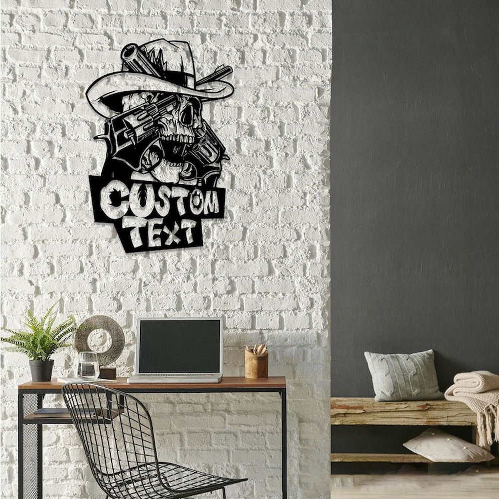 Farm Metal Sign, Western Cowboy Skull Hold Gun Custom Metal Signs