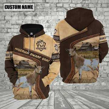 Farm Nigerian Dwarf Goat Brown Leather Pattern Custom Name 3D Shirts, Farmer Hoodie, Custom Farm Shirts, Farmer T Shirt