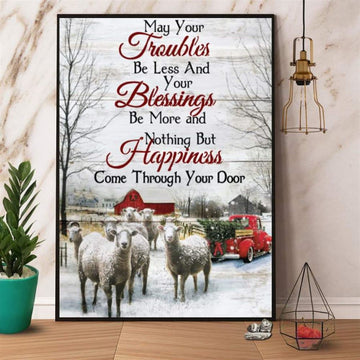 Farm Nothing But Happiness Come Through Your Door Sheep Red Truct Christmas Canvas, Farm Canvas, Farm Art Decor