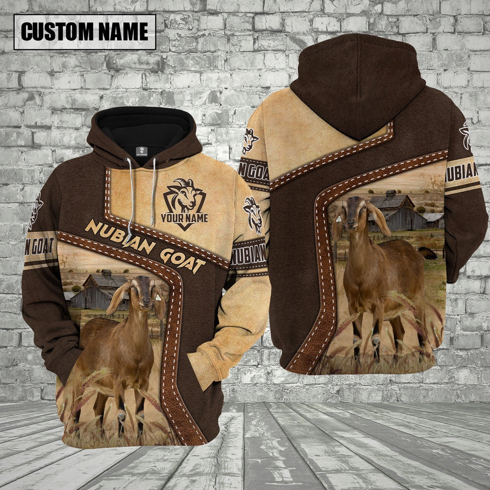 Farm Nubian Goat Brown Leather Pattern Custom Name 3D Shirts, Farmer Hoodie, Custom Farm Shirts, Farmer T Shirt