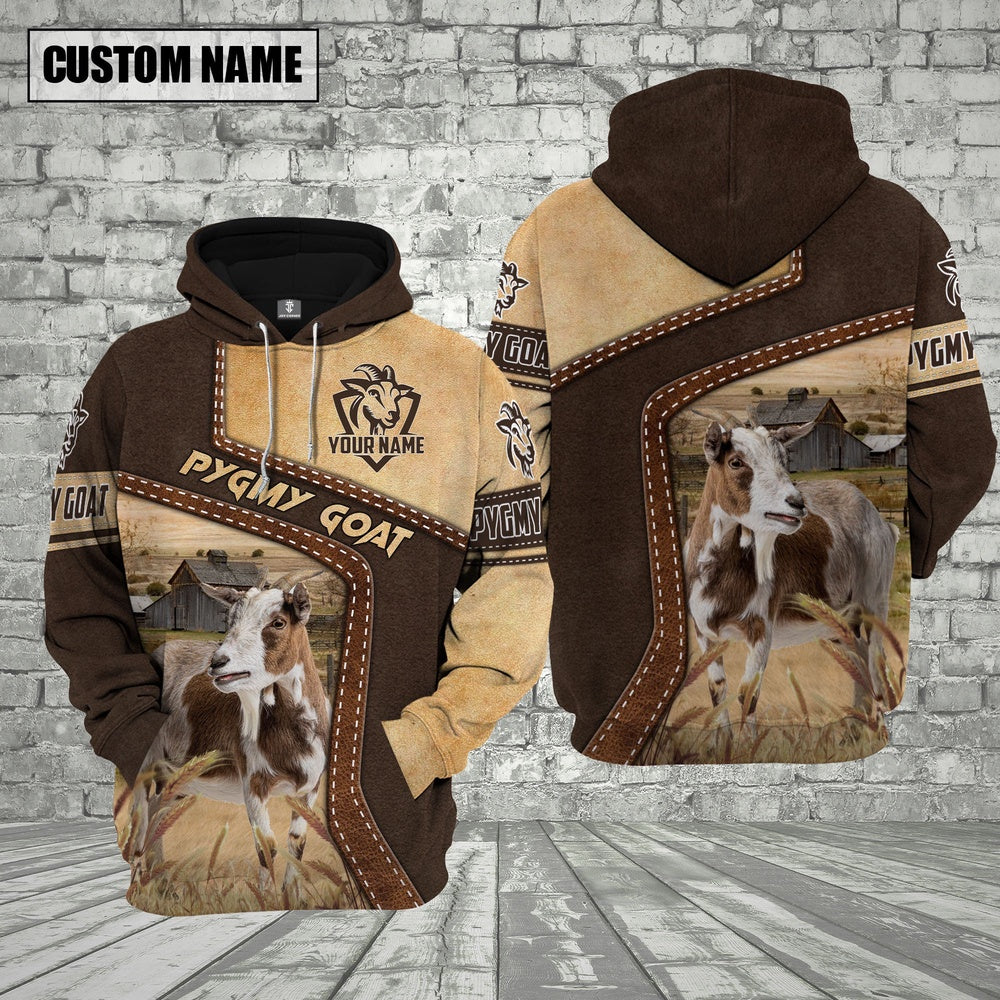 Farm Pygmy Goat Brown Leather Pattern Custom Name 3D Shirts, Farmer Hoodie, Custom Farm Shirts, Farmer T Shirt