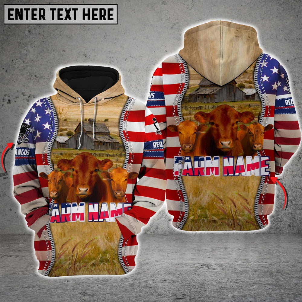 Farm Red Angus America Pride Custom Name And Farm Name 3D Shirts, Farmer Hoodie, Custom Farm Shirts, Farmer T Shirt