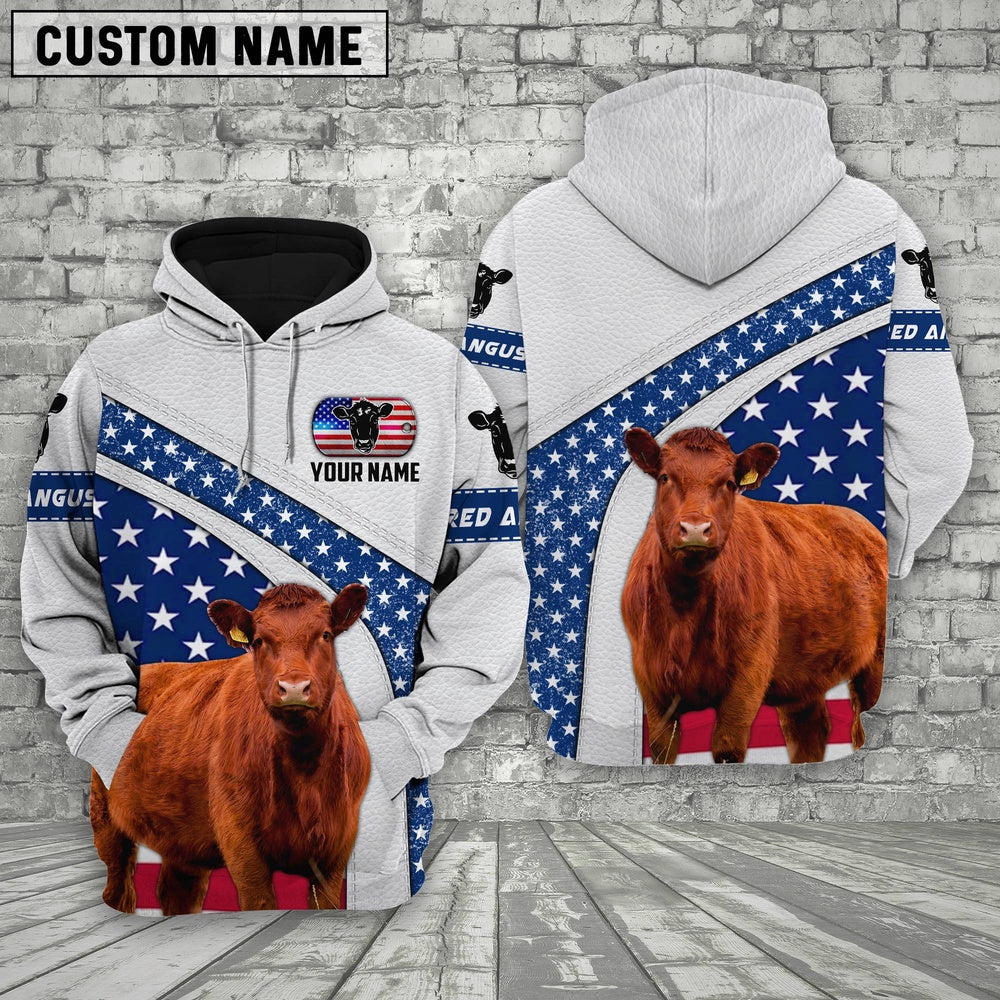 Farm Red Angus American Flag Custom Name 3D Shirts, Farmer Hoodie, Custom Farm Shirts, Farmer T Shirt