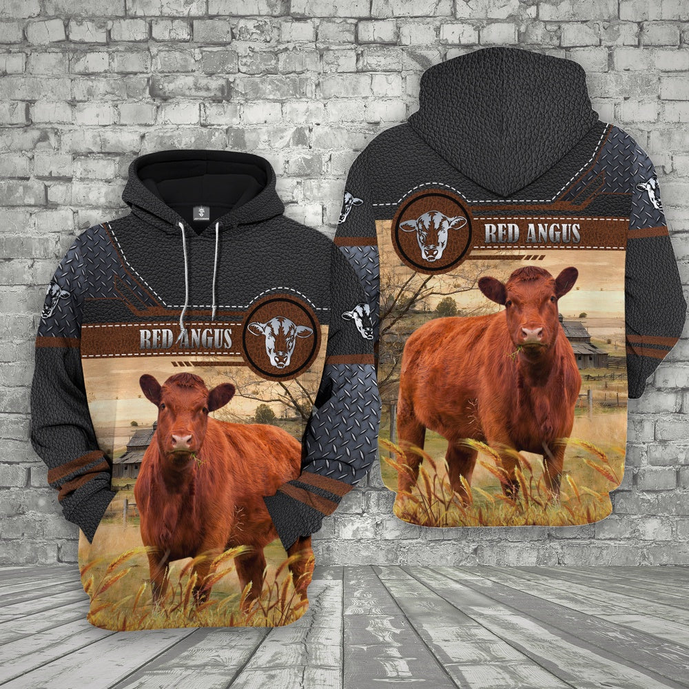 Farm Red Angus Black Leather Pattern 3D Printed Shirts, Farmer Hoodie, Farm Themed Shirts, Farm Tee Shirts