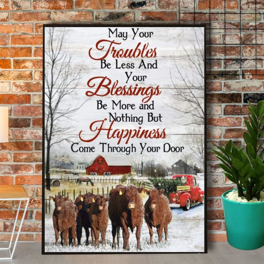 Farm Red Angus Happy Christmas Trouble Blessing Happiness Red Truck Canvas, Farm Canvas, Farm Art Decor