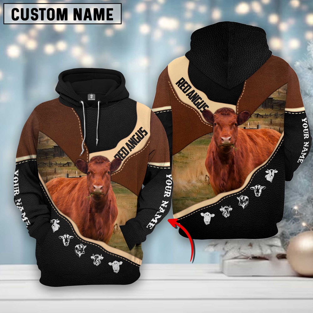 Farm Red Angus Leather Pattern Custom Name 3D Shirts, Farmer Hoodie, Custom Farm Shirts, Farmer T Shirt