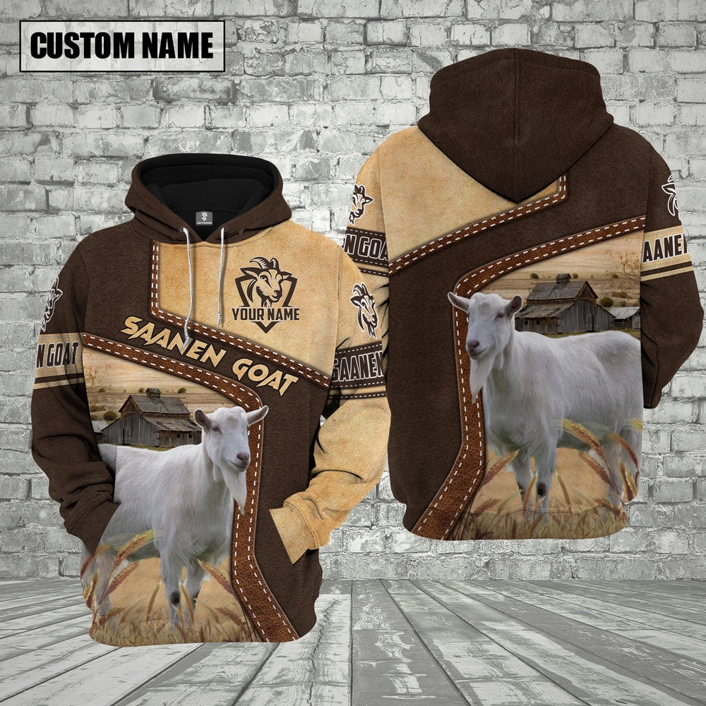 Farm Saanen Goat Brown Leather Pattern Custom Name 3D Shirts, Farmer Hoodie, Custom Farm Shirts, Farmer T Shirt