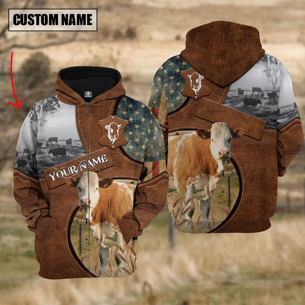 Farm Simmental American Leather Pattern 3D Custom Name Shirts, Farmer Hoodie, Custom Farm Shirts, Farmer T Shirt