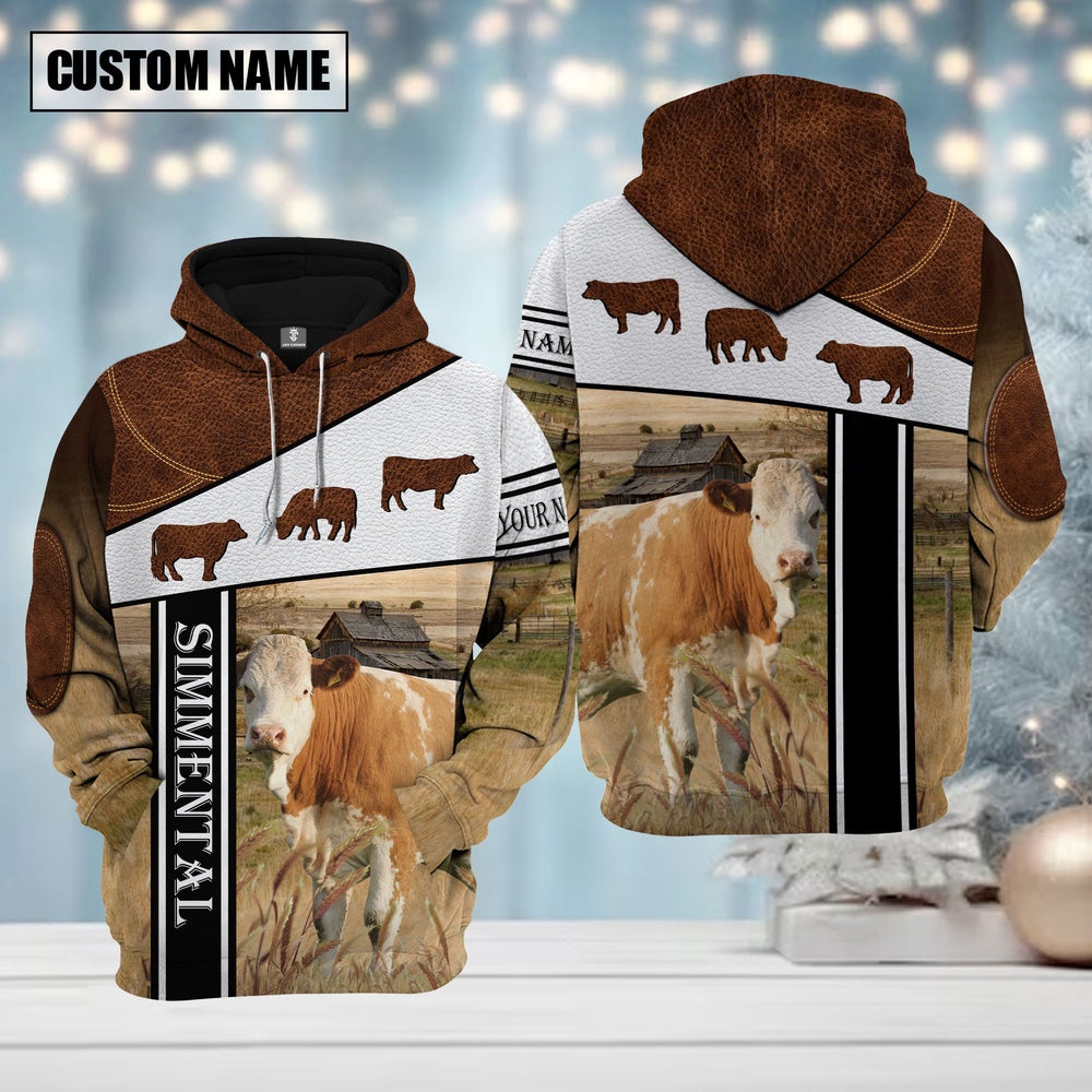 Farm Simmental Cattle Brown Leather Pattern Custom Name Shirts, Farmer Hoodie, Custom Farm Shirts, Farmer T Shirt
