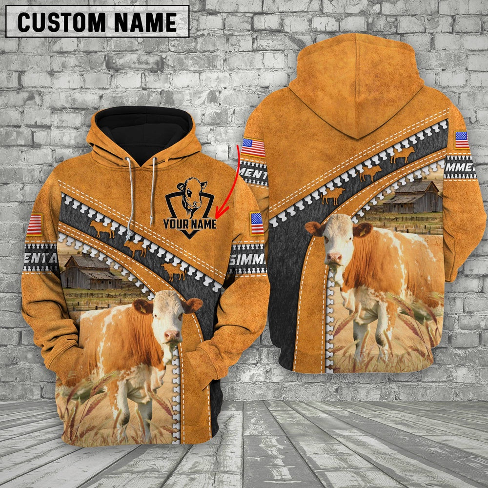 Farm Simmental Leather Zip Pattern Custom Name 3D Shirts, Farmer Hoodie, Custom Farm Shirts, Farmer T Shirt