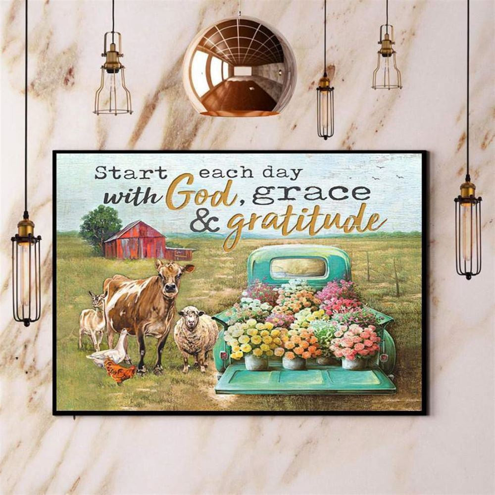 Farm Start Each Day With God Grace &Amp Gratitude Canvas, Farm Canvas, Farm Gift, Farm Home Decor