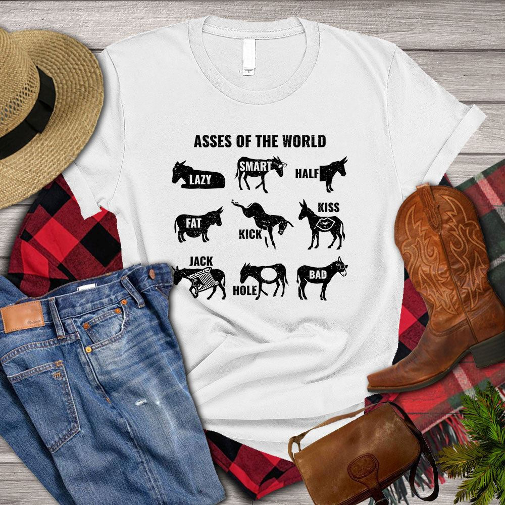 Farm T Shirt, Asses Of The World Smart Lazy Fat Kiss Donkey T Shirts, Farm Shirts, Funny Farm Shirts