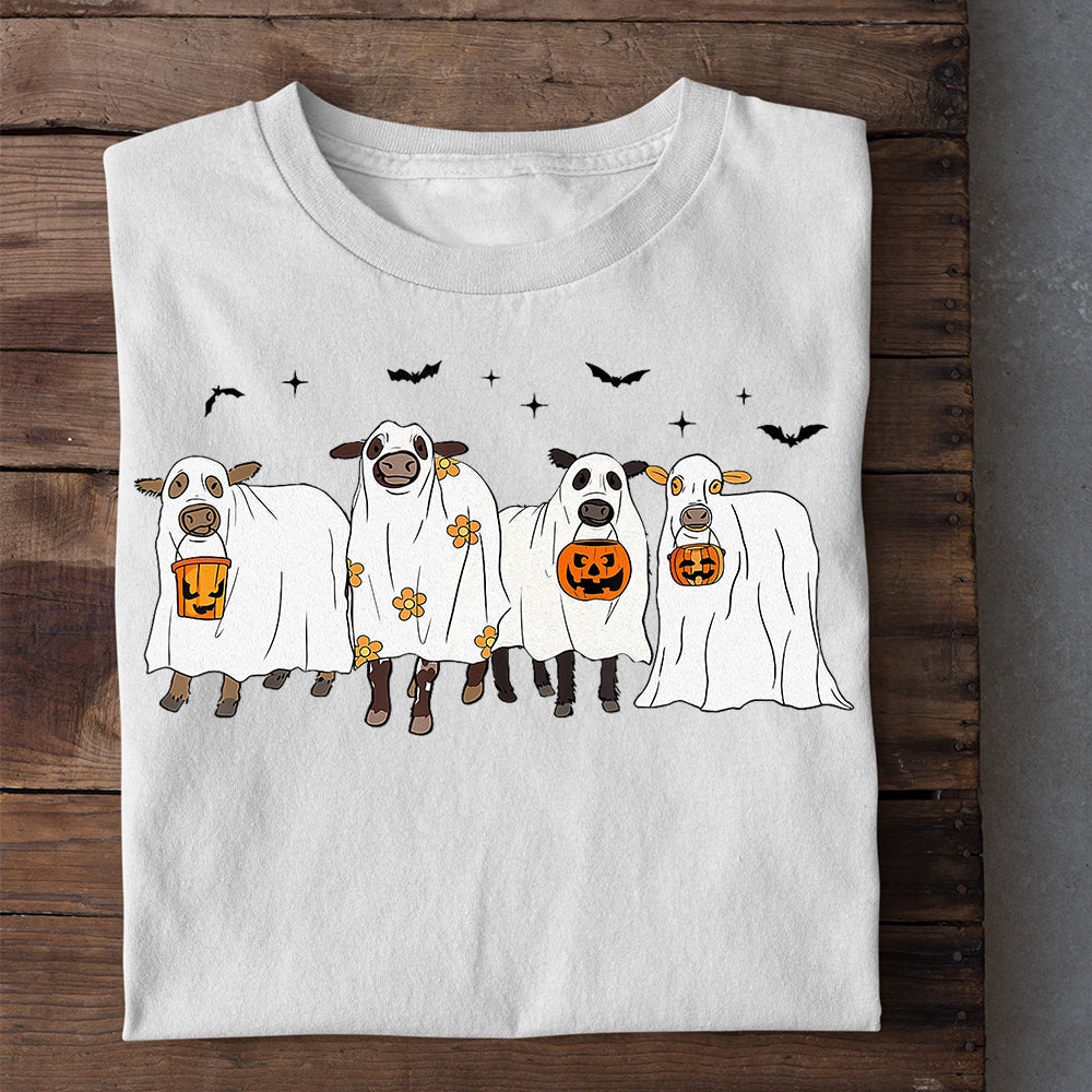 Farm T Shirt, Cute Halloween Bull Sheet Cows Holding Pumpkin Light T Shirt, Farm Shirts, Funny Farm Shirts