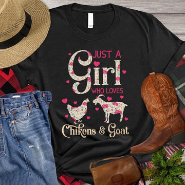 Farm T Shirt, Cute Just A Girl Who Loves Chickens And Goats With Flower T Shirt, Farm Shirts, Funny Farm Shirts