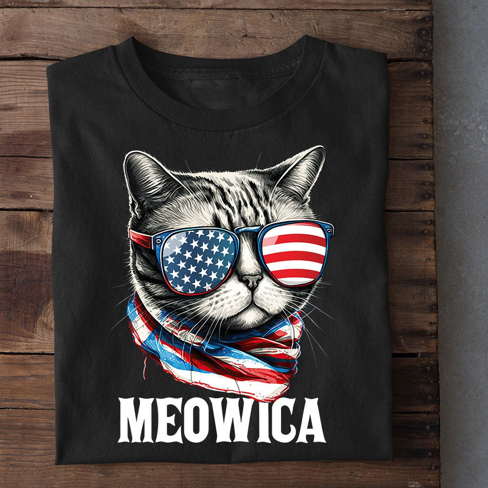 Farm T Shirt, July 4Th Cat T-Shirt, Meowica Cat With Glasses Usa Flag T Shirt, Farm Shirts, Funny Farm Shirts