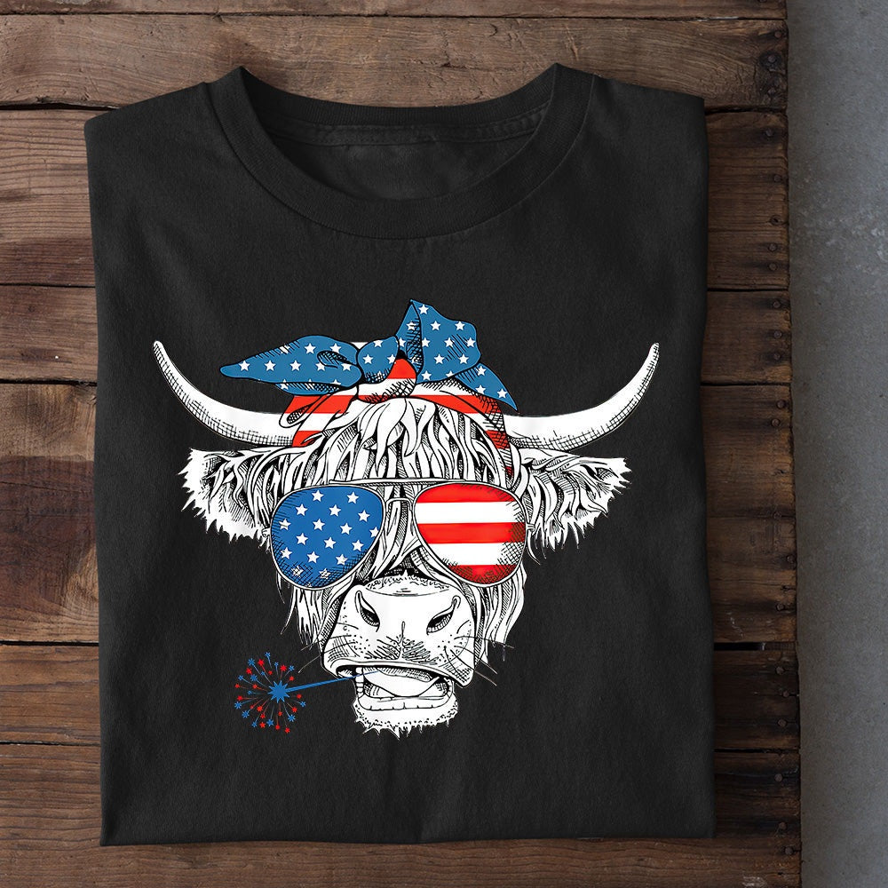 Farm T Shirt, July 4Th Cool Highland Cow With Hair Band & Glasses T Shirt, Farm Shirts, Funny Farm Shirts
