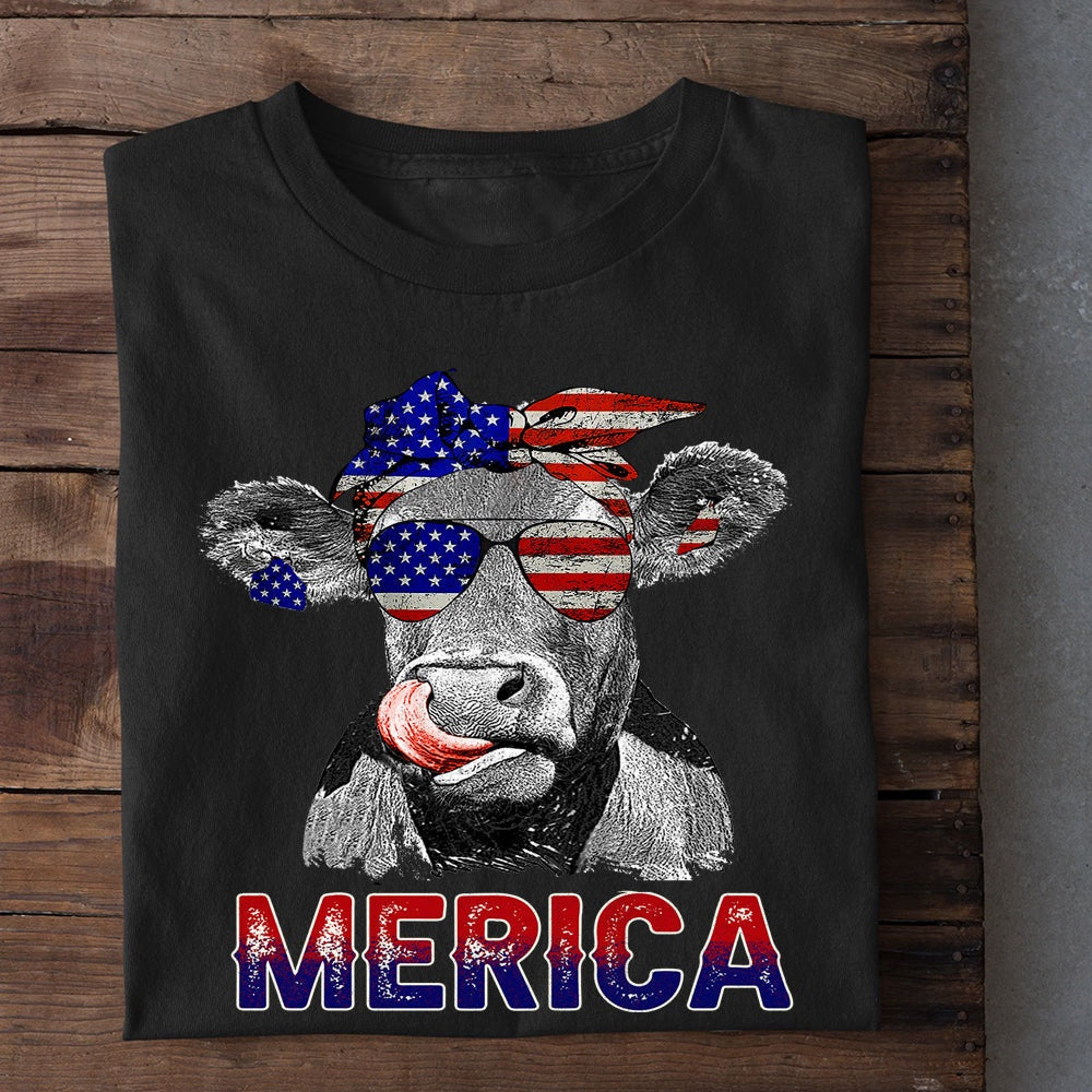 Farm T Shirt, July 4Th Funny America Cow With Hair Band & Glasses T Shirt, Farm Shirts, Funny Farm Shirts