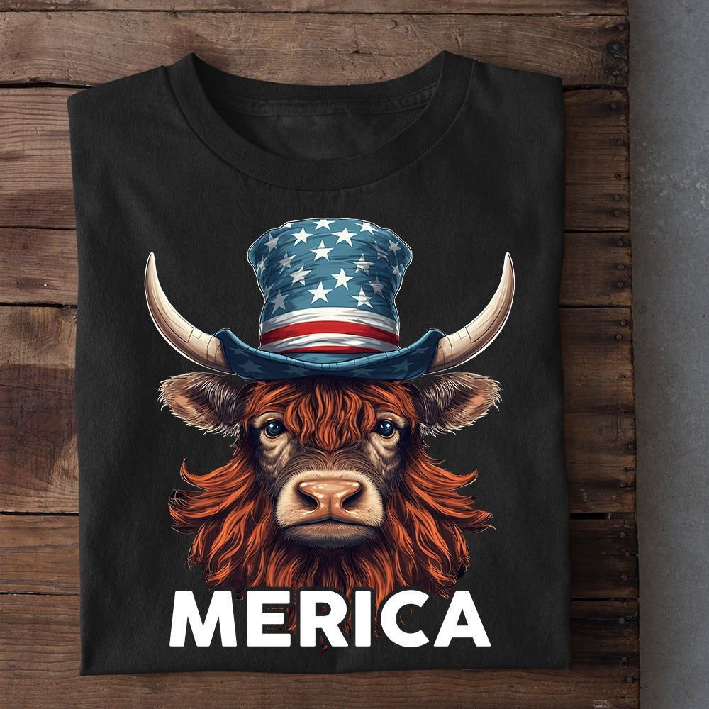 Farm T Shirt, July 4Th Highland Merica With Hat Highland Cow Patriotic T Shirt, Farm Shirts, Funny Farm Shirts
