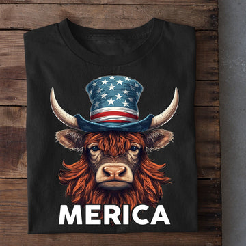 Farm T Shirt, July 4Th Highland Merica With Hat Highland Cow Patriotic T Shirt, Farm Shirts, Funny Farm Shirts
