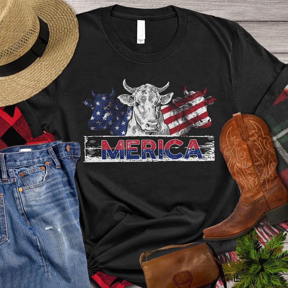 Farm T Shirt, July 4th Cow With A USA Flag T Shirt, Farm Shirts, Funny Farm Shirts