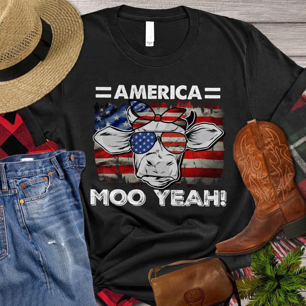 Farm T Shirt, July 4th Merica Moo Yeah Glasses USA Flag T Shirt, Farm Shirts, Funny Farm Shirts