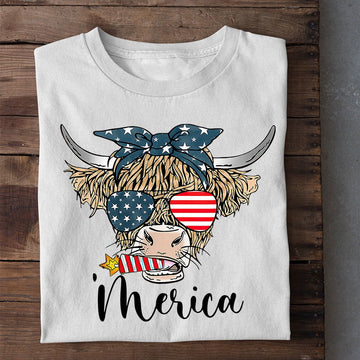 Farm T Shirt, July 4th Merica With Hair Band Cow Patriotic Tees, Farm Shirts, Funny Farm Shirts