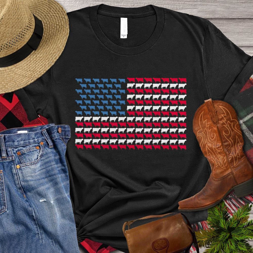 Farm T Shirt, July 4th USA Flag Cow T Shirt, Farm Shirts, Funny Farm Shirts