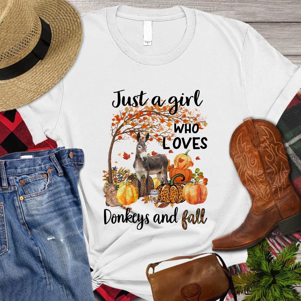 Farm T Shirt, Just A Girl Who Loves Donkeys And Fall Thanksgiving, Farm Shirts, Funny Farm Shirts