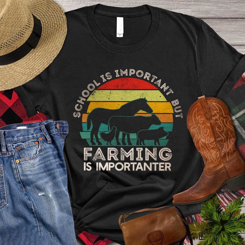 Farm T Shirt, Vintage Back To School School Is Important But Farming Is Importanter T Shirt, Farm Shirts, Funny Farm Shirts