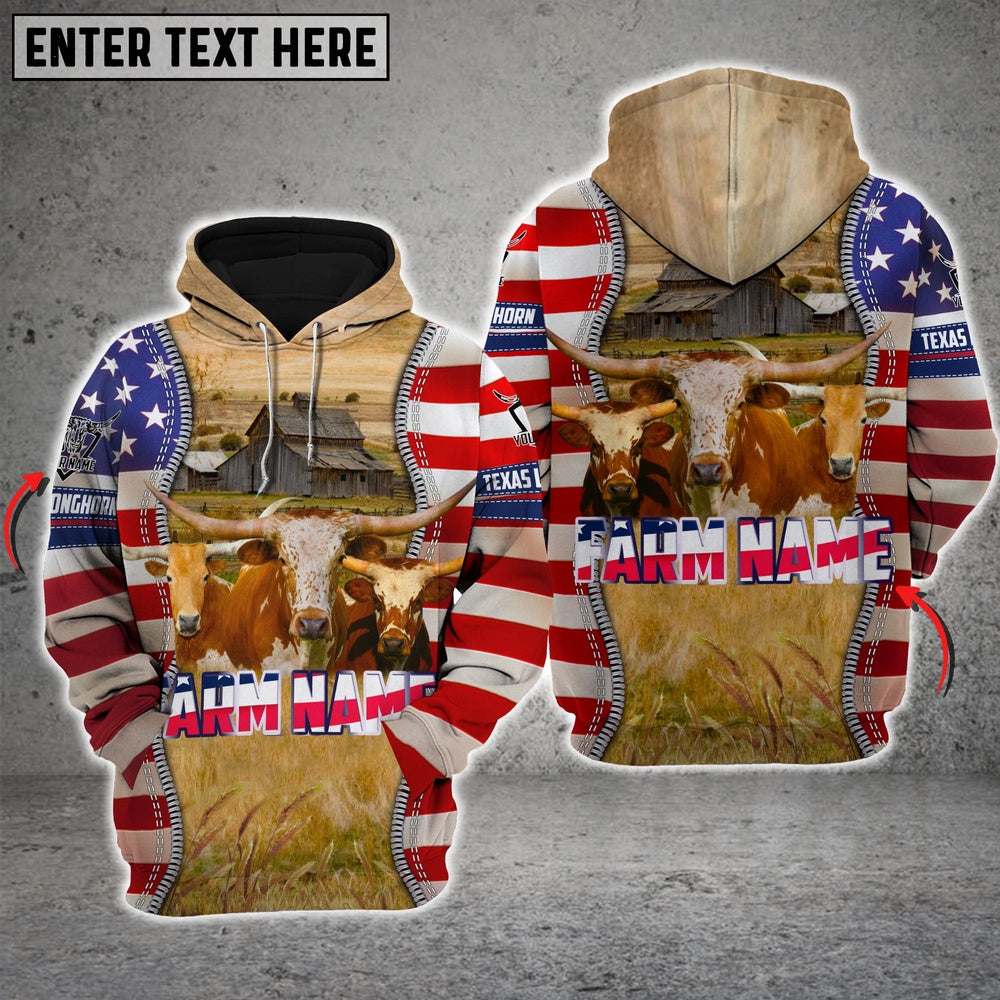 Farm Texas Longhorn America Pride Custom Name And Farm Name 3D Shirts, Farmer Hoodie, Custom Farm Shirts, Farmer T Shirt