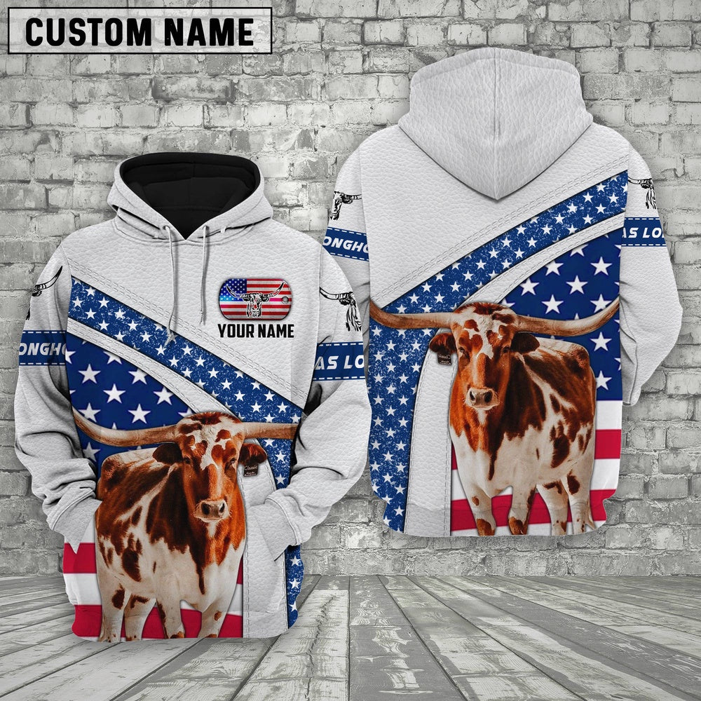 Farm Texas Longhorn American Flag Custom Name 3D Shirts, Farmer Hoodie, Custom Farm Shirts, Farmer T Shirt