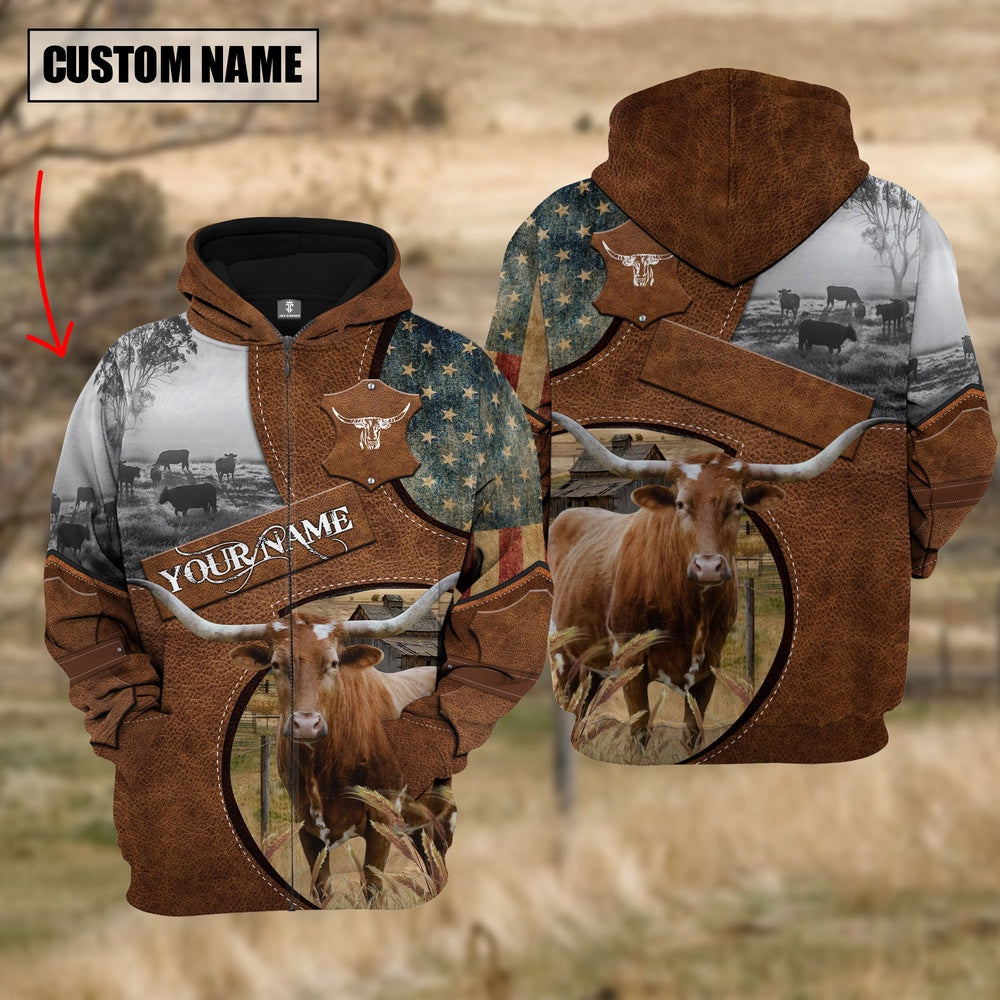 Farm Texas Longhorn American Leather Pattern Custom Name 3D Shirts, Farmer Hoodie, Custom Farm Shirts, Farmer T Shirt