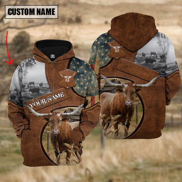 Farm Texas Longhorn American Leather Pattern Custom Name 3D Shirts, Farmer Hoodie, Custom Farm Shirts, Farmer T Shirt