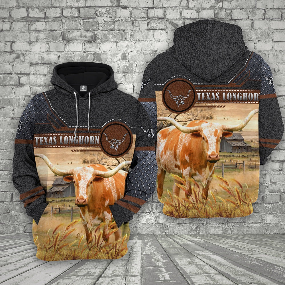 Farm Texas Longhorn Black Leather Pattern 3D Printed Shirts, Farmer Hoodie, Farm Themed Shirts, Farm Tee Shirts