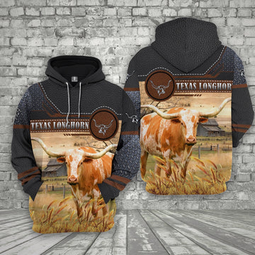 Farm Texas Longhorn Black Leather Pattern 3D Printed Shirts, Farmer Hoodie, Farm Themed Shirts, Farm Tee Shirts