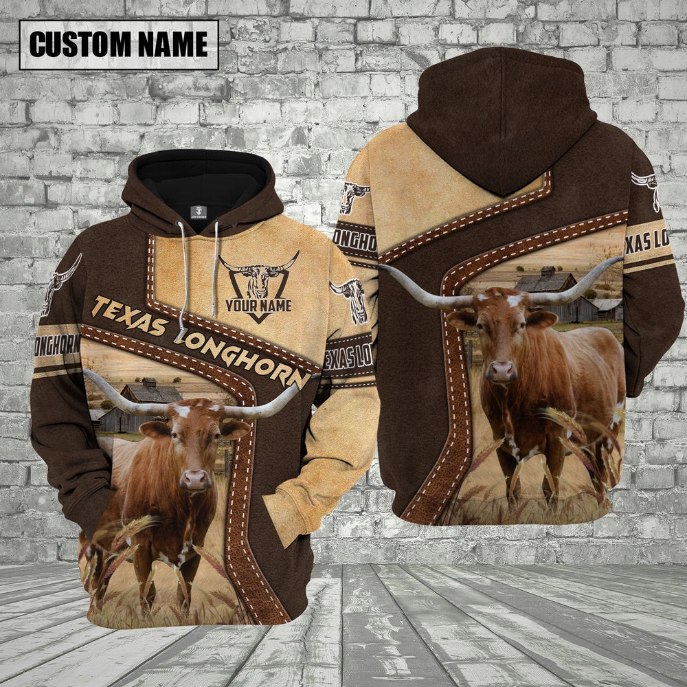 Farm Texas Longhorn Brown Leather Pattern Custom Name 3D Shirts, Farmer Hoodie, Custom Farm Shirts, Farmer T Shirt