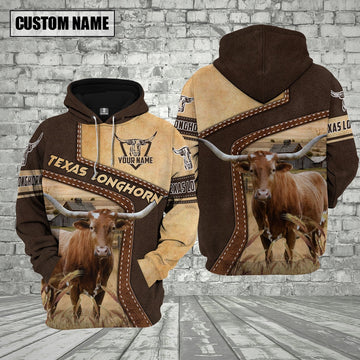 Farm Texas Longhorn Brown Leather Pattern Custom Name 3D Shirts, Farmer Hoodie, Custom Farm Shirts, Farmer T Shirt