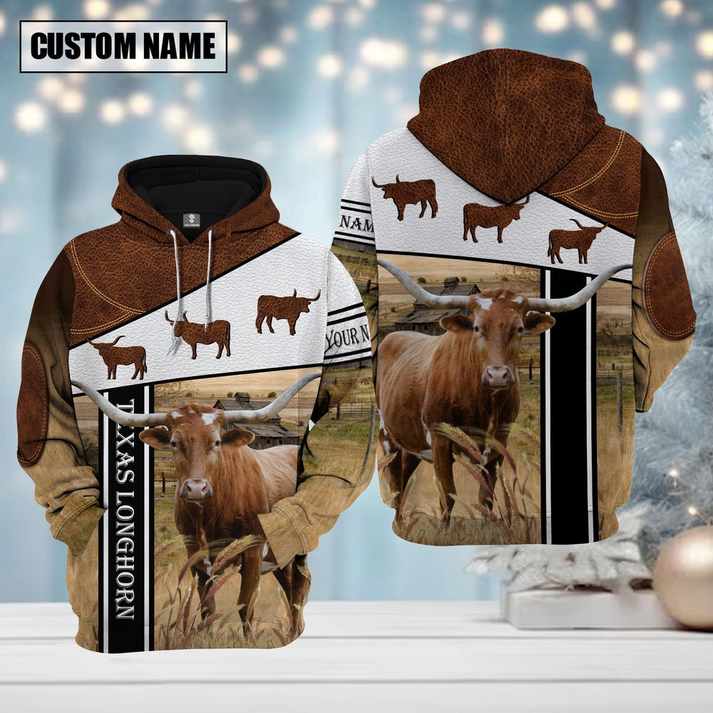 Farm Texas Longhorn Brown Leather Pattern Custom Name Shirts, Farmer Hoodie, Custom Farm Shirts, Farmer T Shirt