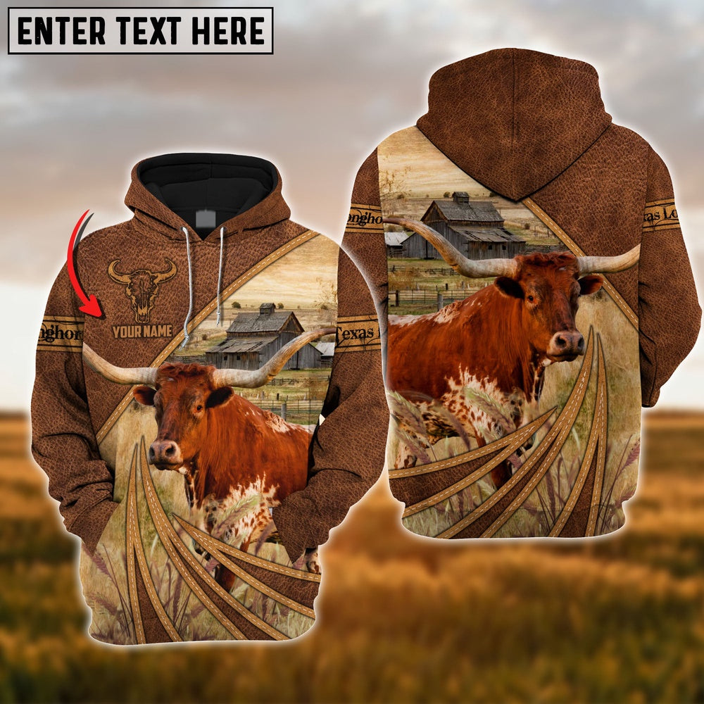 Farm Texas Longhorn Cattle Leather Pattern 3D Custom Name Printed Shirts, Farmer Hoodie, Custom Farm Shirts, Farmer T Shirt