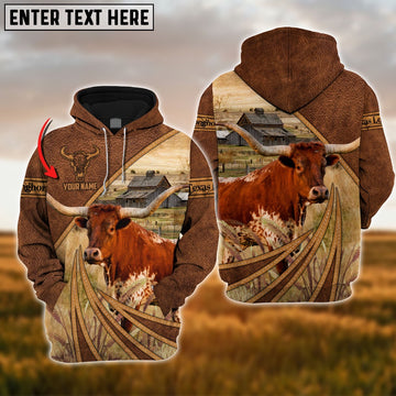 Farm Texas Longhorn Cattle Leather Pattern 3D Custom Name Printed Shirts, Farmer Hoodie, Custom Farm Shirts, Farmer T Shirt