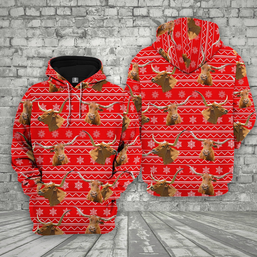 Farm Texas Longhorn Christmas Pattern 3D Printed Hoodie, Farmer Hoodie, Farm Themed Shirts, Farm Tee Shirts