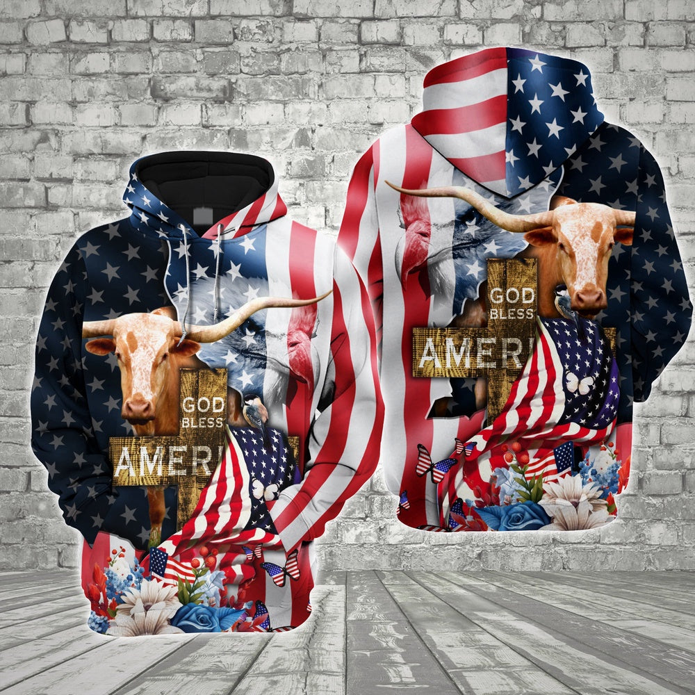Farm Texas Longhorn Cross God Bless America 3D Shirts, Farmer Hoodie, Farm Themed Shirts, Farm Tee Shirts