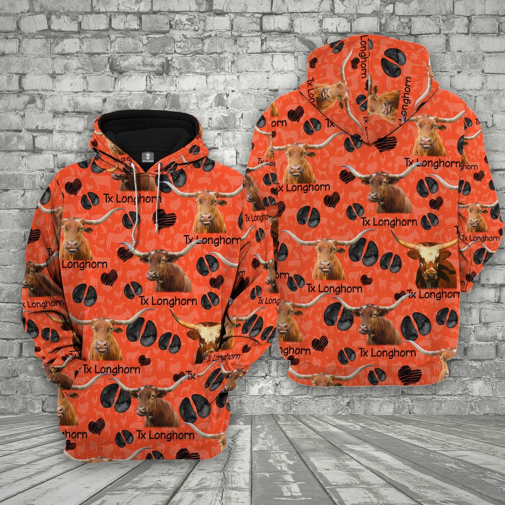 Farm Texas Longhorn Happy Pattern 3D Printed Hoodie, Farmer Hoodie, Farm Themed Shirts, Farm Tee Shirts