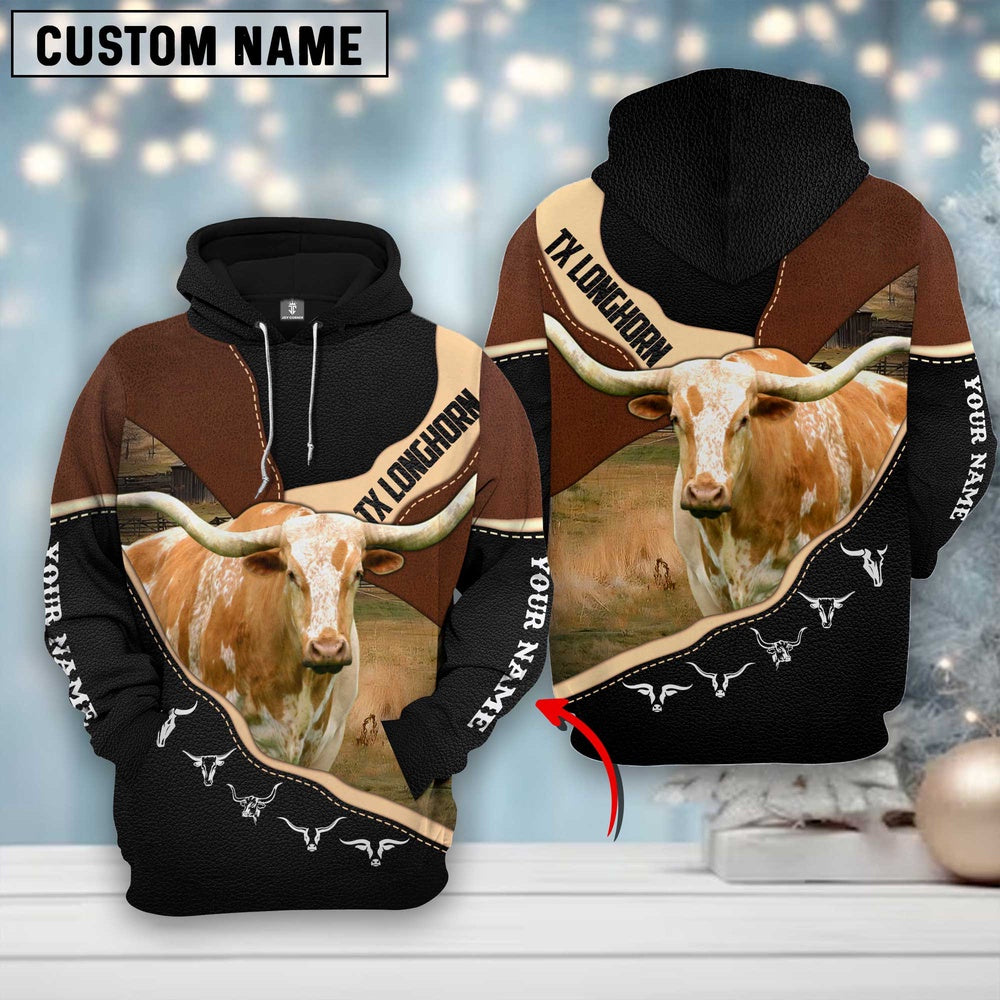 Farm Texas Longhorn Leather Pattern Custom Name 3D Shirts, Farmer Hoodie, Custom Farm Shirts, Farmer T Shirt